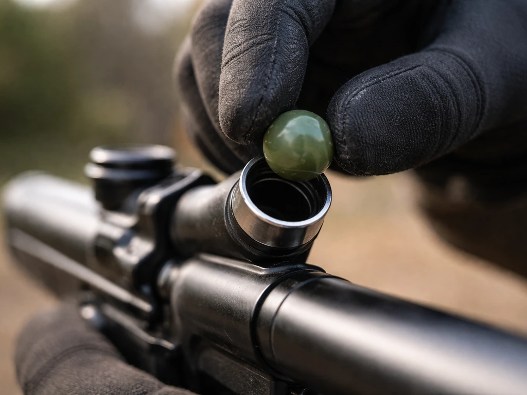 Close-up of a paintball being loaded into a marker barrel, showing the round gelatin ball