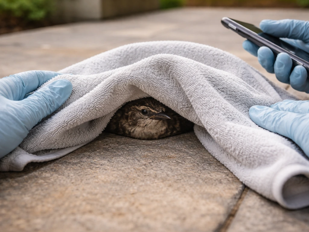 A small bird resting under a light towel while gloved hands prepare to call for help.