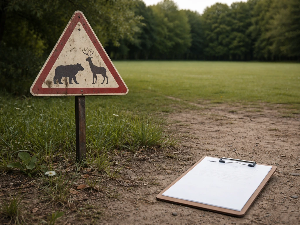 Wildlife warning sign beside a quiet park field with a clipboard lying on the grass