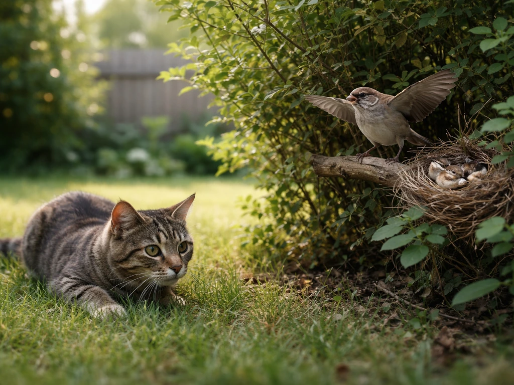 A cat crouches in a yard while a small bird stands protectively near its nest in nearby shrubbery.