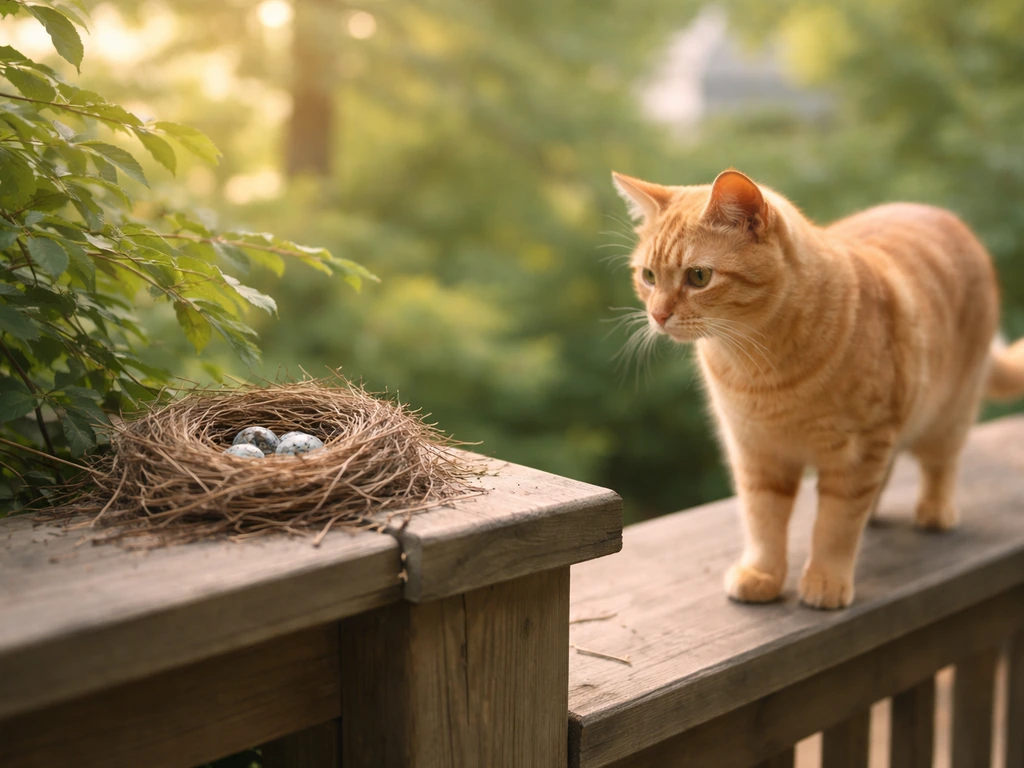 Orange tabby cat alert near a small bird nest on a balcony/treeside ledge in spring sunlight.