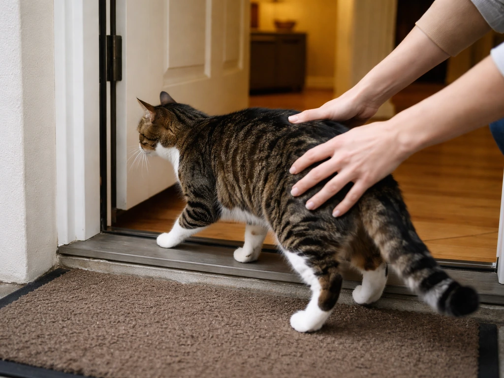 A cat being quickly and gently guided indoors through a doorway for immediate safety.