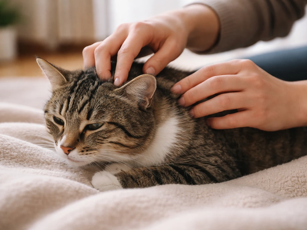 Person gently checking a cat’s head and neck with calm, non-graphic care in a quiet room