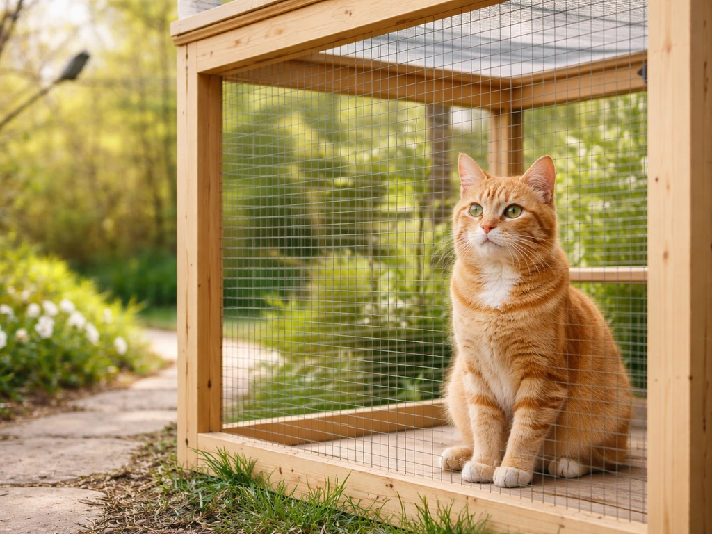 Orange tabby cat resting in an enclosed catio during spring, with birds and greenery softly blurred behind.