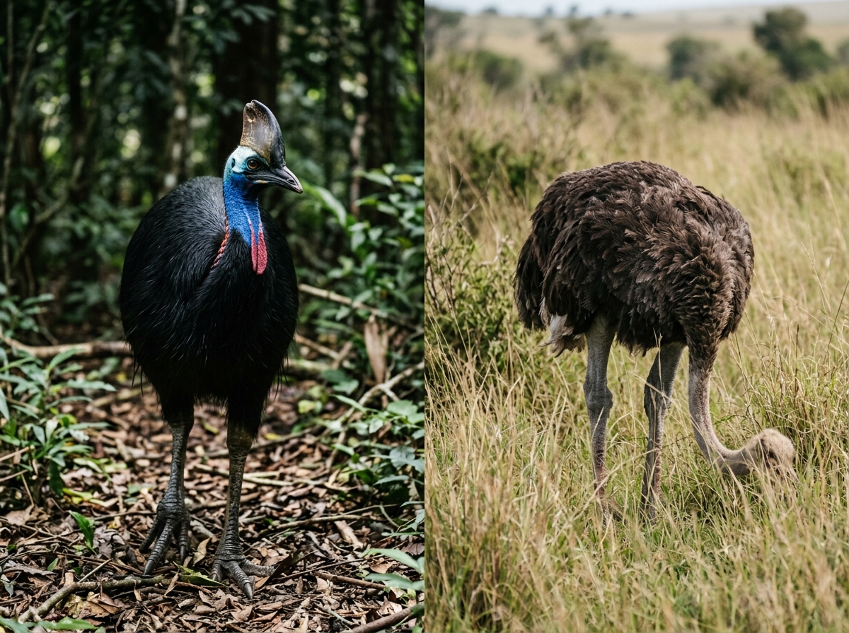Cassowary and ostrich side-by-side to compare physical-attack risk.