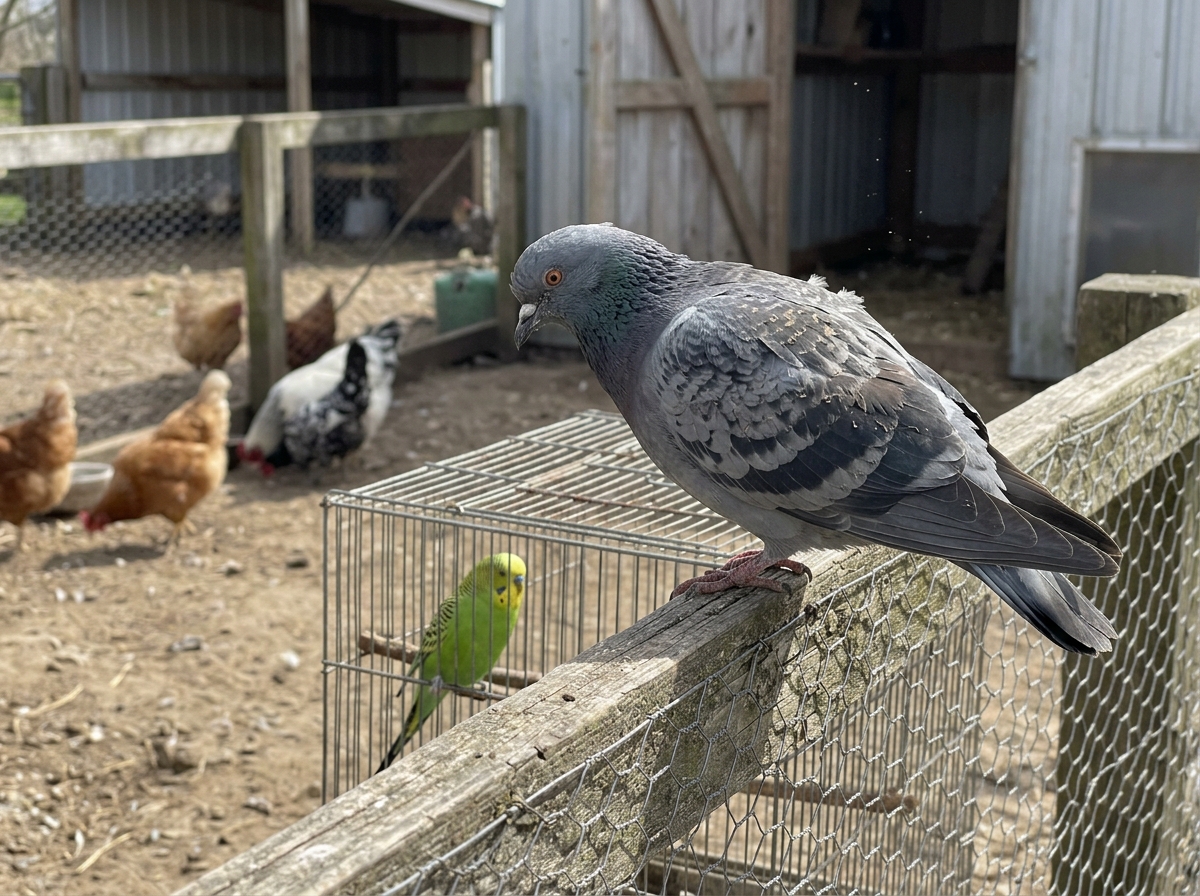 Close-up of pigeon and a parrot near poultry areas to illustrate disease risk.