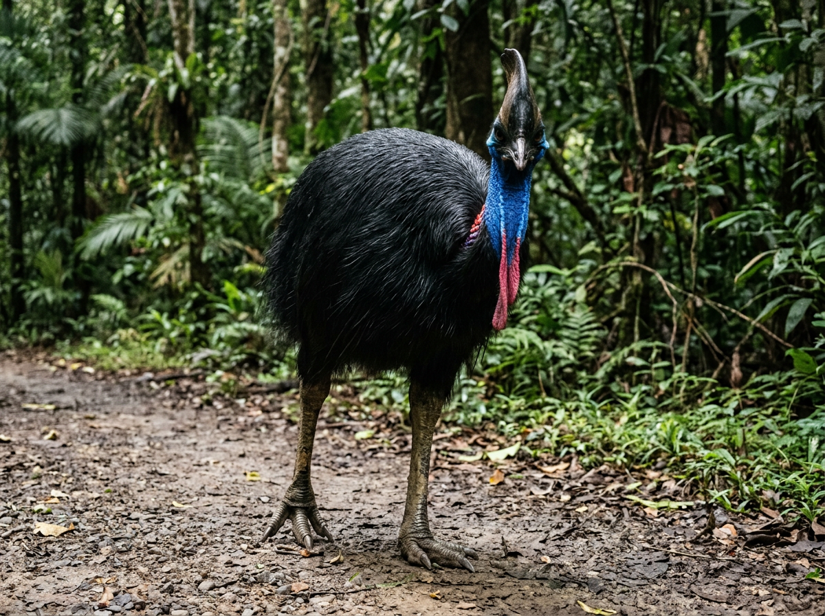 Cassowary in a face-distance encounter posture to represent the evidence-based deadliest bird.