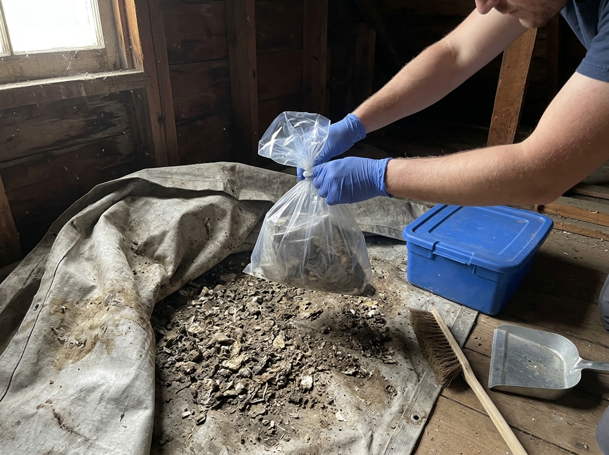 Dusty attic cleanup with PPE to show how outbreaks differ from single encounters.