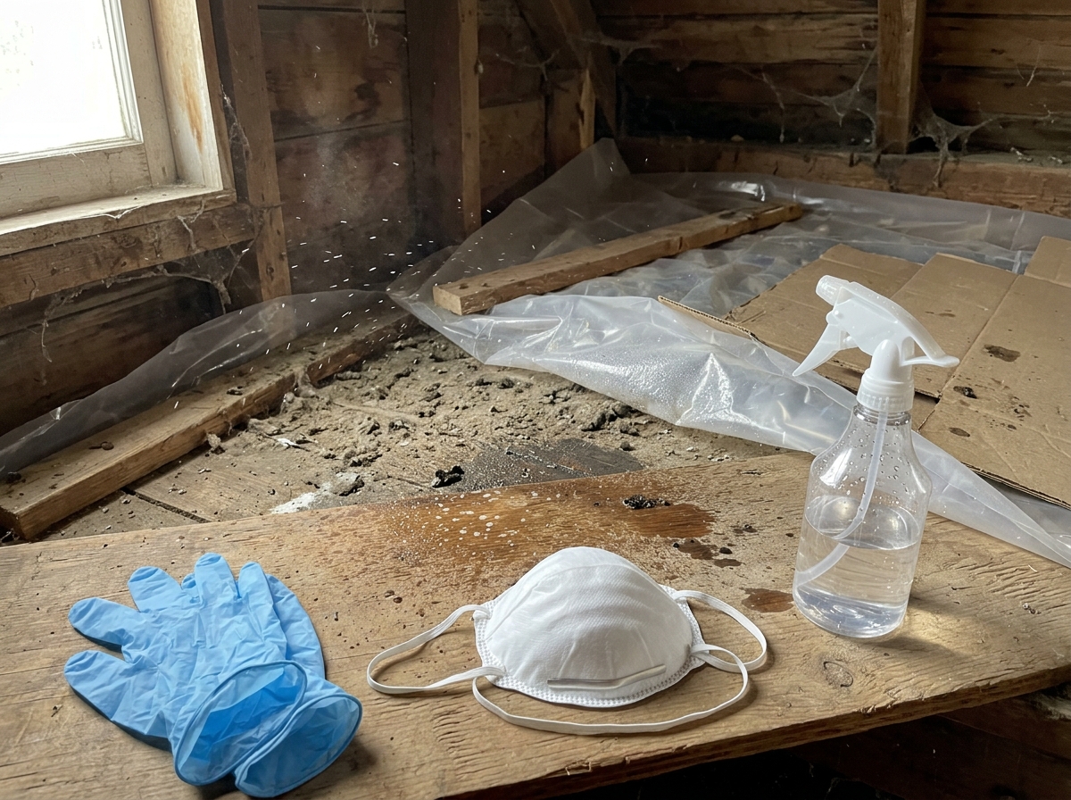 Wet-down and N95 respirator setup for safely cleaning bird droppings.