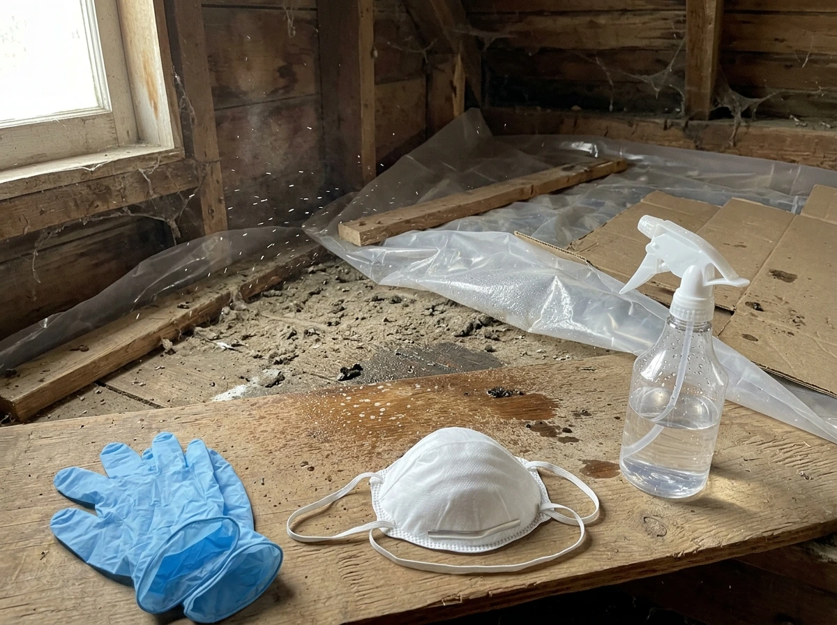 Wet-down and N95 respirator setup for safely cleaning bird droppings.