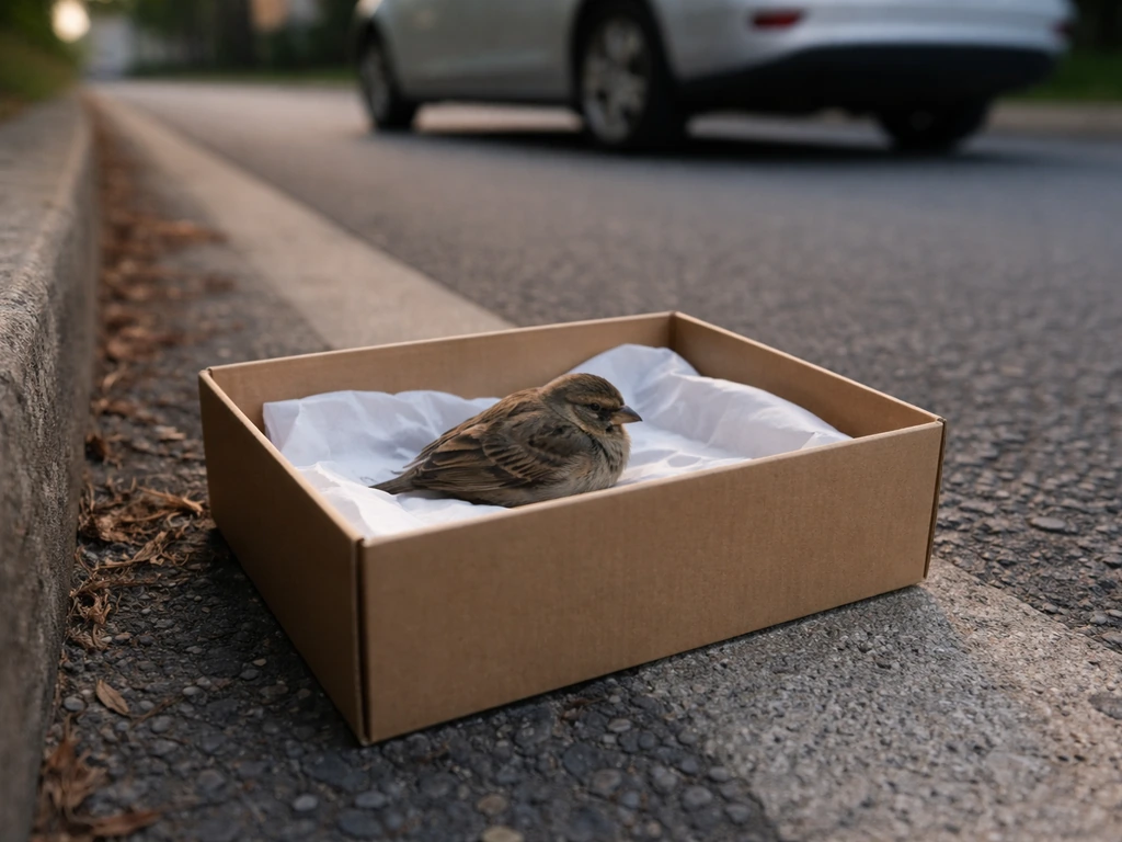Injured small bird in a recovery box on a roadside shoulder near a parked car.