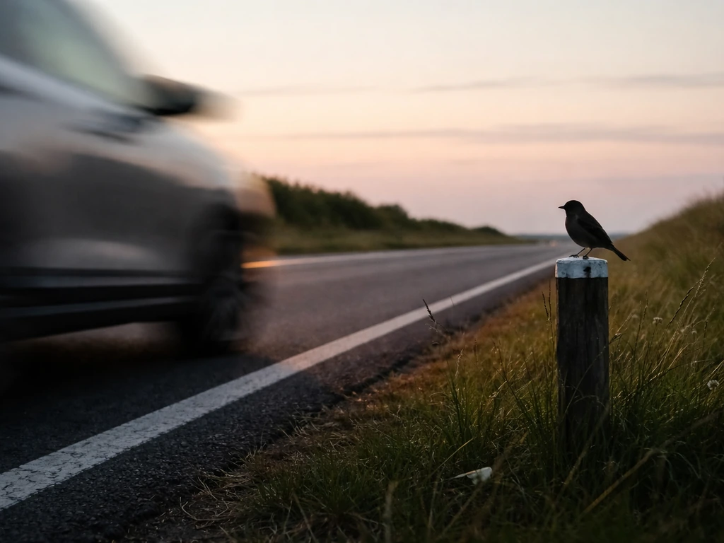 Blurred car tires pass a distant roadside bird, suggesting limited reaction time at high speed.