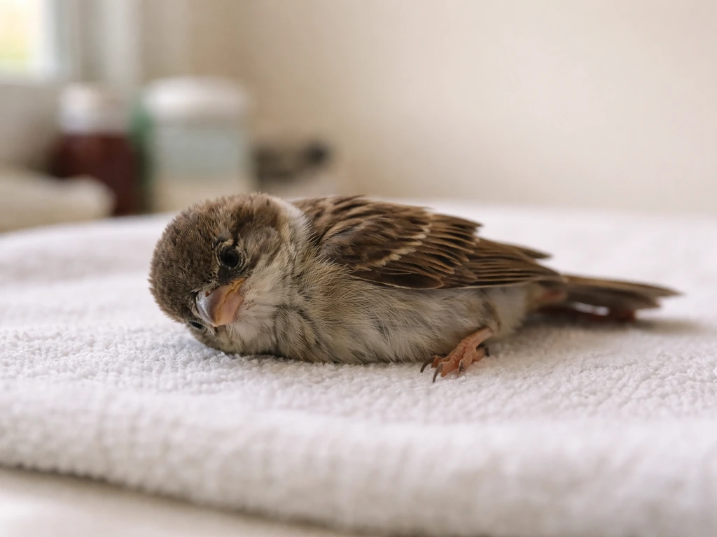 Injured small bird lying on a towel with head tilted, unable to stand in a quiet rescue setting.