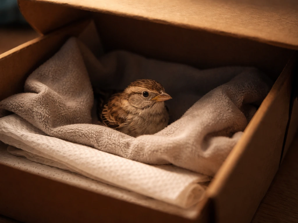 A small bird resting inside a soft-lined cardboard box, kept warm and dark while waiting for help.