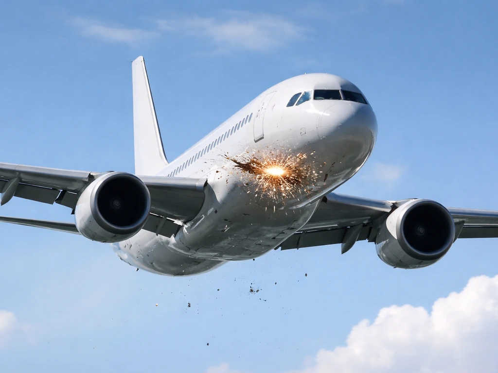 Commercial jet in flight with a brief bird-strike effect near the engine intake and forward windshield area