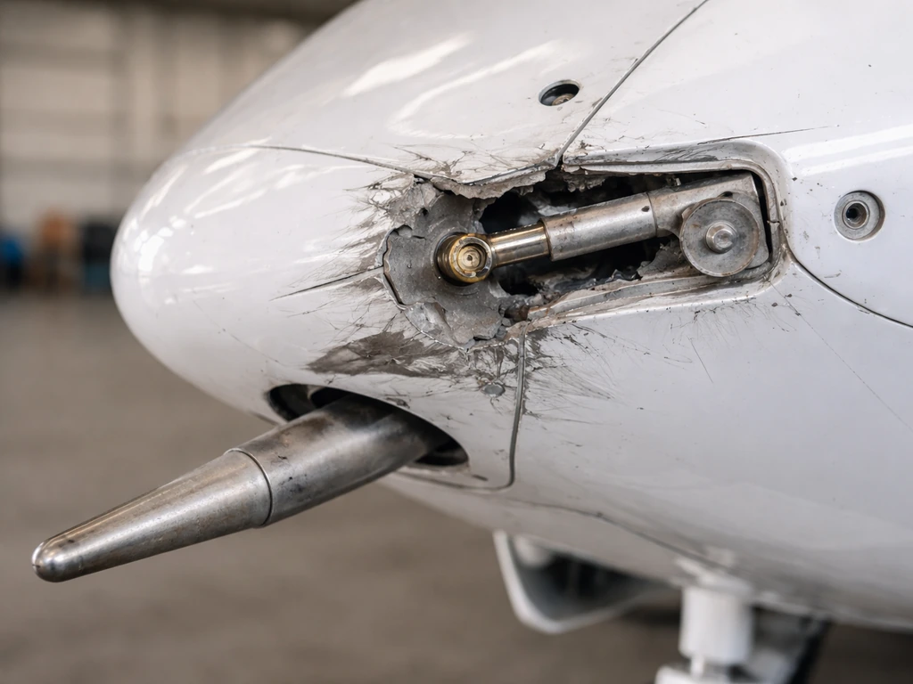 Close-up of damaged aircraft flight-control linkage and nearby pitot tube near the nose.