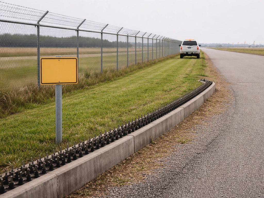 Mown grass beside an airport fence with a blank warning sign and wildlife deterrence barrier in view.