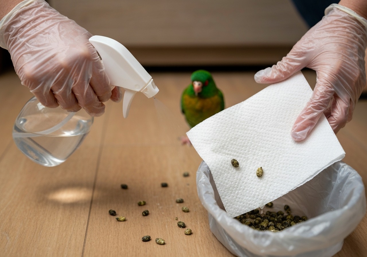 Safe droppings cleanup: dampened paper towel and disposable gloves