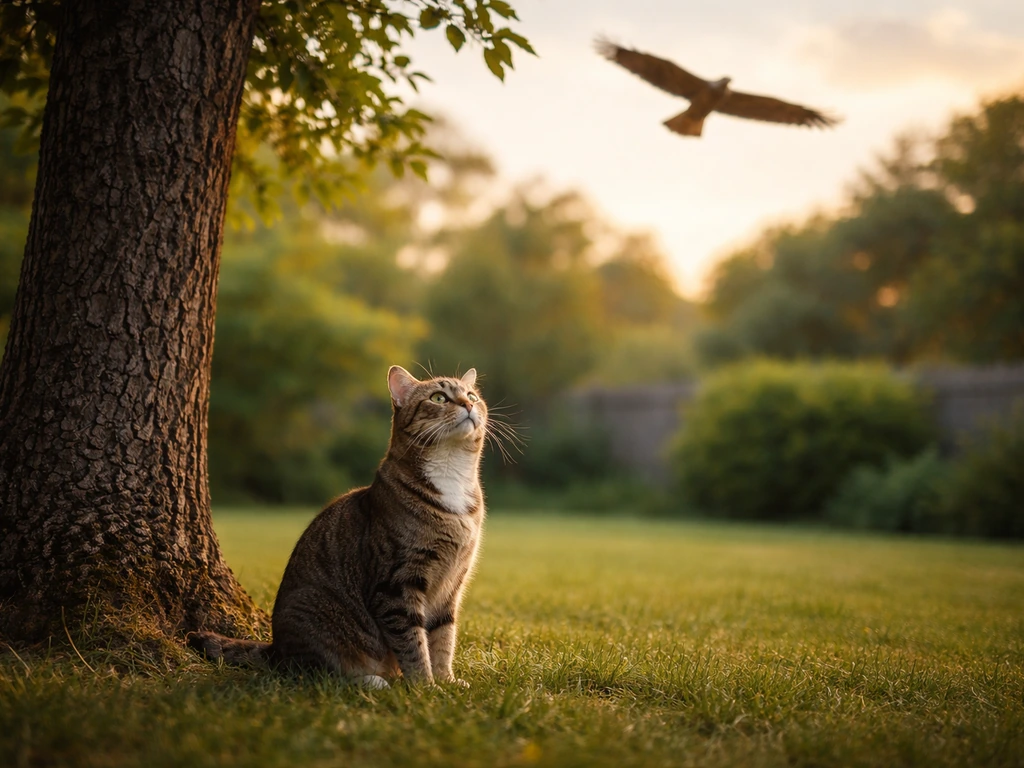 A cat outdoors near a tree looks up as a hawk flies overhead.