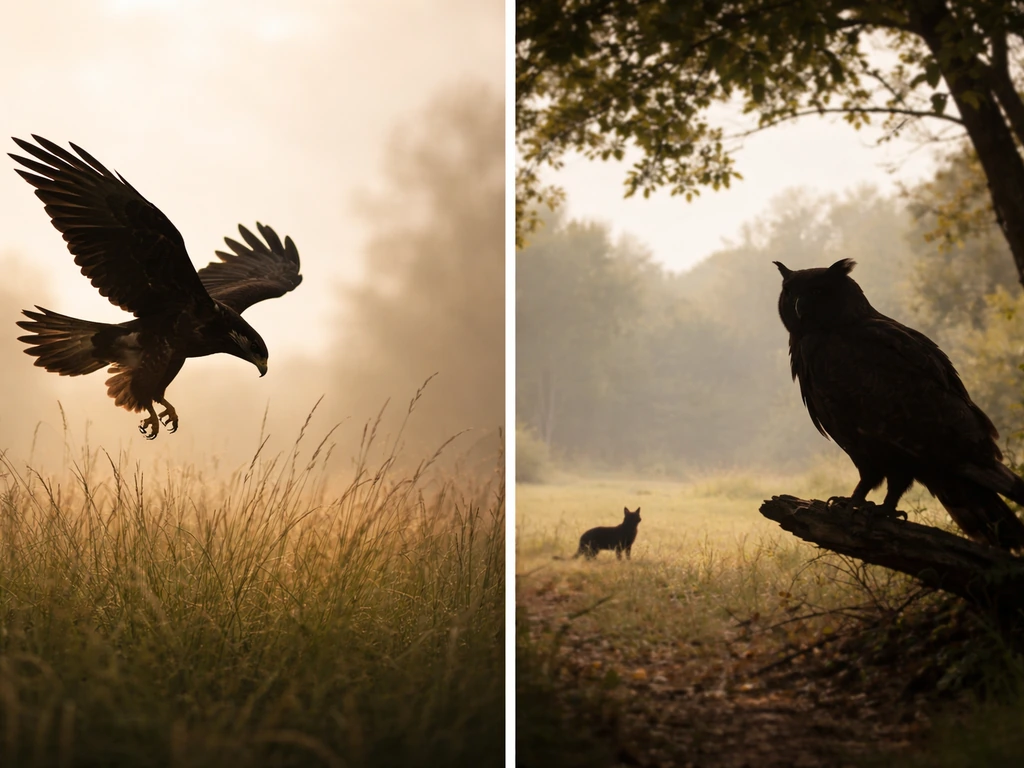 Two-panel natural-history silhouettes: a hawk dive-bombing defensively and a rare predation scenario near woods.