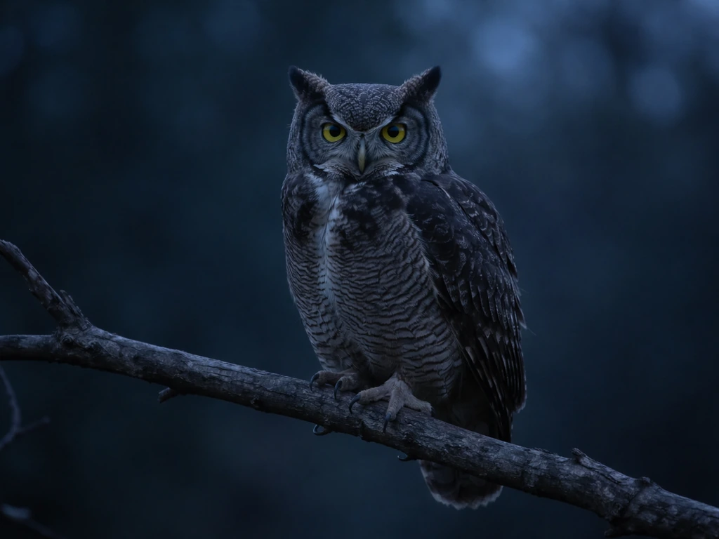Great horned owl perched on a branch in dim dusk light, alert and facing the camera.