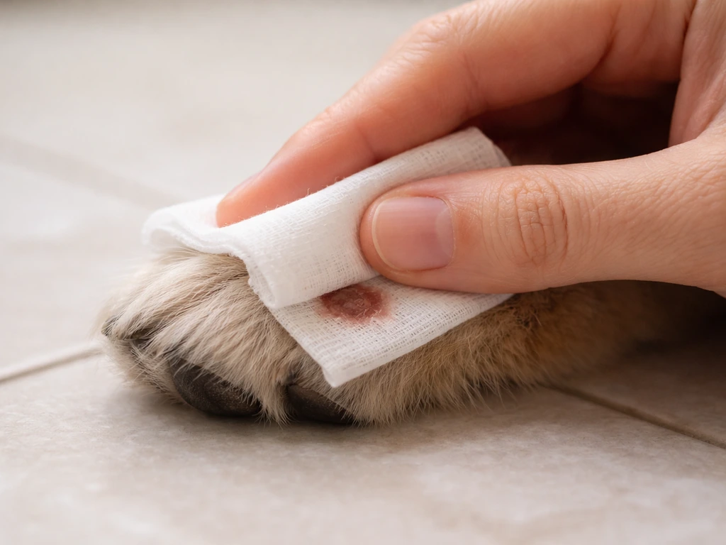 Clean cloth pressed gently over a small puncture wound on an animal’s paw to control bleeding.