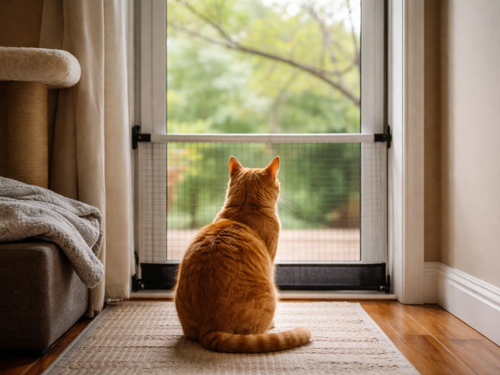 Orange tabby cat safely indoors near a door window with a mesh barrier to prevent outdoor conflicts.