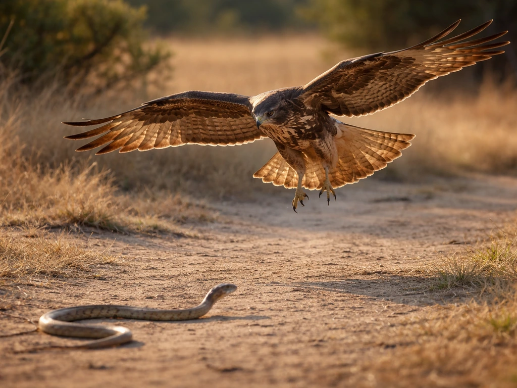 A raptor swoops over a snake on the ground in an open habitat, dramatic wildlife moment.