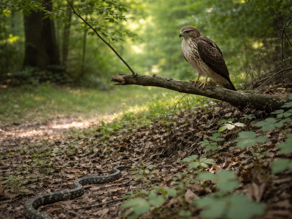 Minimal nature scene with a raptor perched near a snake in soft light, suggesting variable predation.