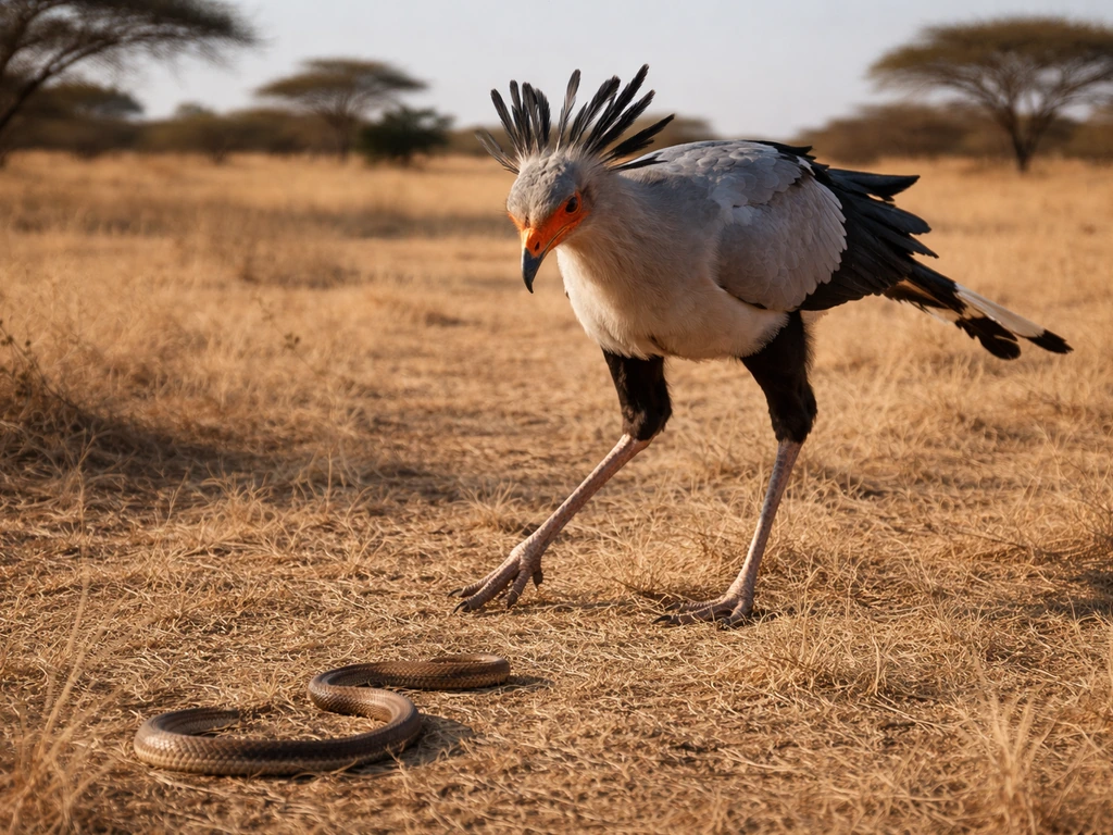 Secretary bird standing on savanna grass with a snake visible nearby, hunting-focused posture.
