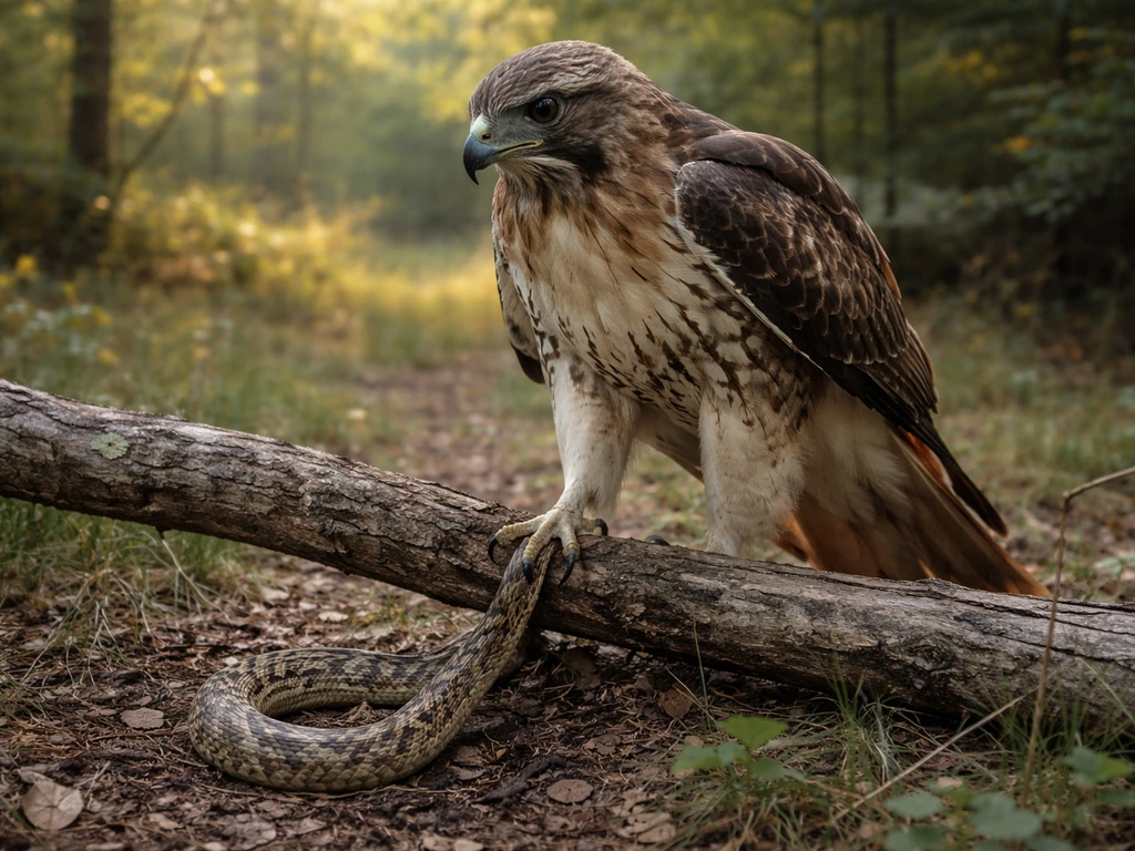 Red-tailed hawk perched near a snake, showing a natural raptor predation moment.