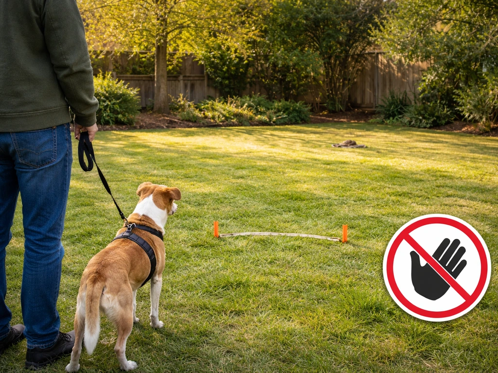 Leashed dog and person keep distance from a snake in a backyard with a nonverbal do-not-handle sign icon.
