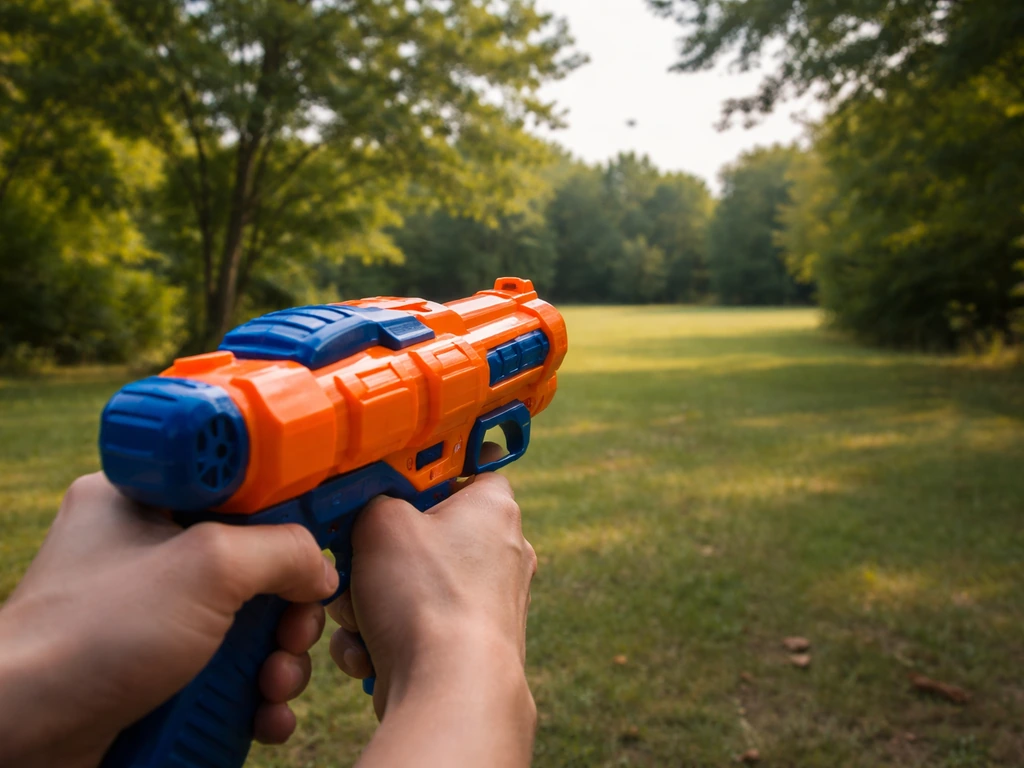 A Nerf blaster aimed toward open outdoor trees and distant birds, with no harm shown.