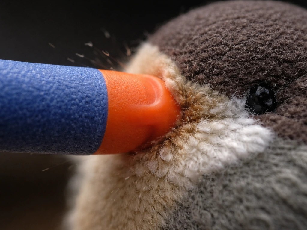 Macro close-up of a foam Nerf dart tip compressing into a small bird-sized target.