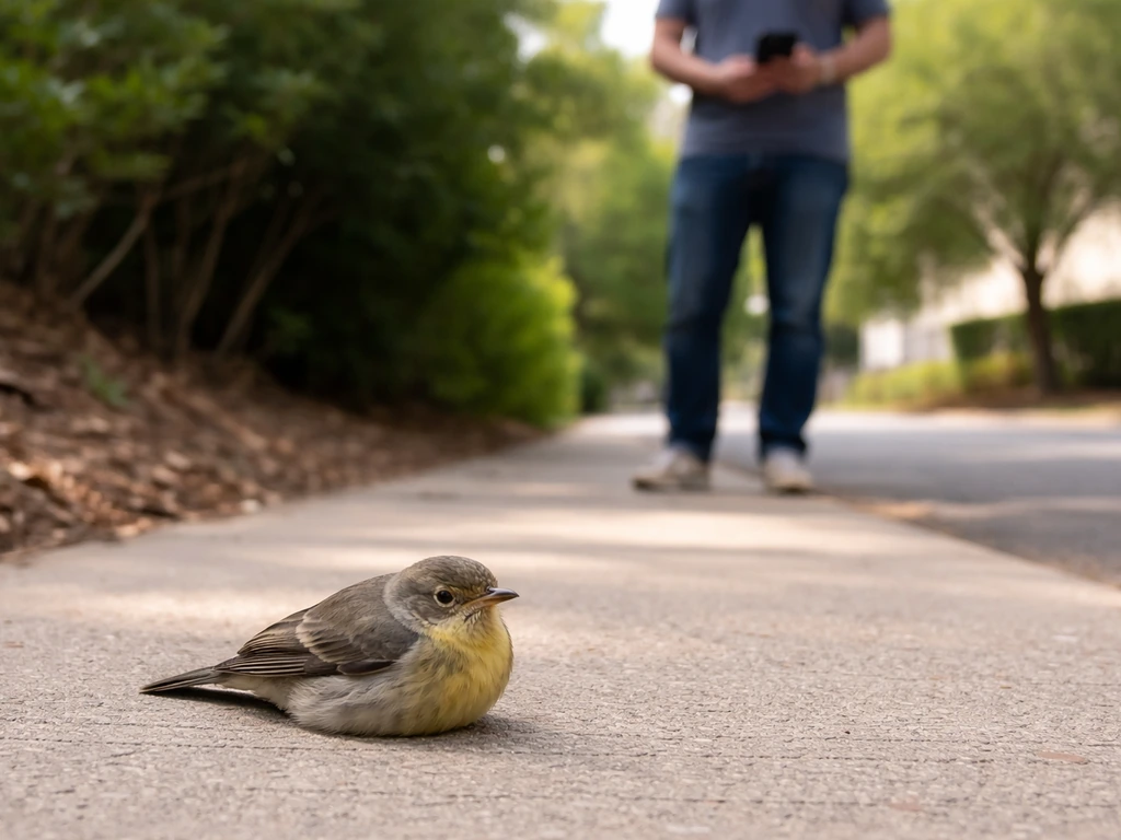 Stunned small bird on pavement as a person stays back at a respectful distance, observing quietly.