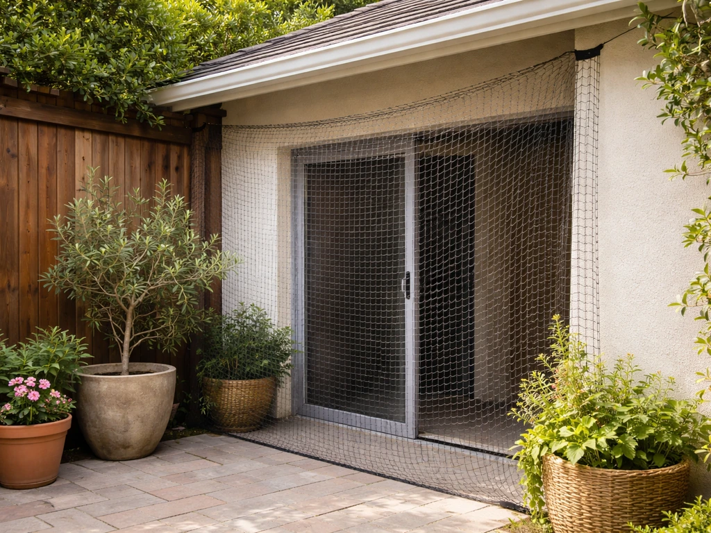 Taut bird-mesh netting secured over a patio entry to block birds from accessing the opening.