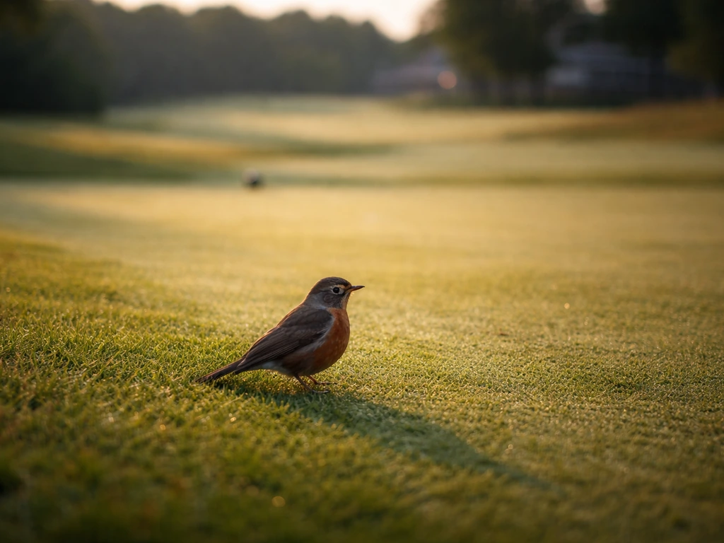 Small bird standing near a fairway/tee line on a quiet golf course, no golfers visible.