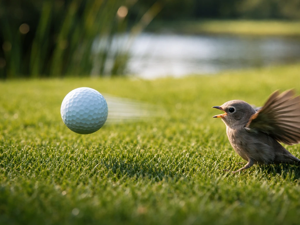 Close-up of a golf ball passing near a startled bird on grass by a water hazard.