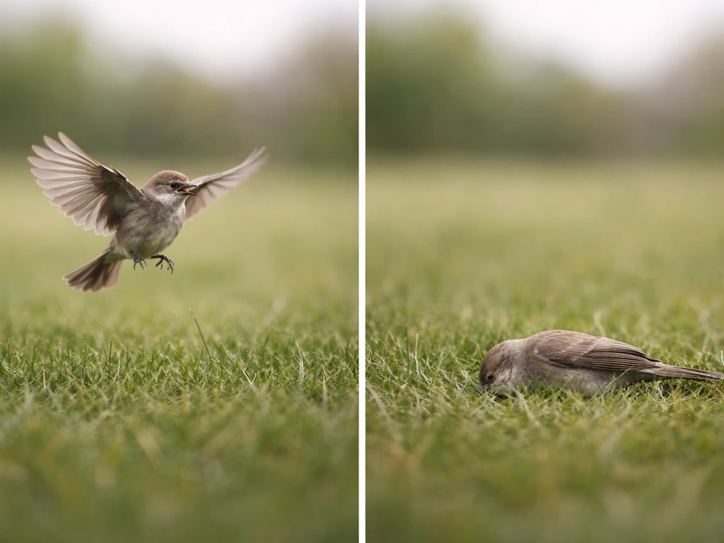 Two-panel-style photo showing a bird startled midair and a bird on grass after a non-graphic impact