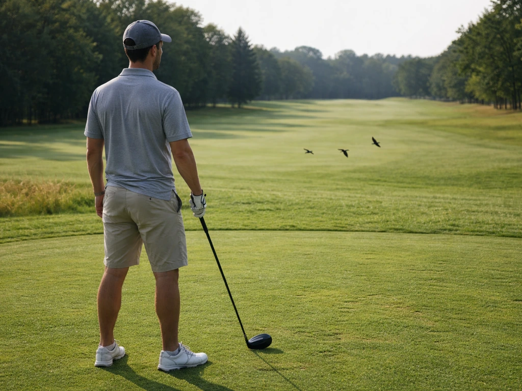 Anonymous golfer pauses at tee while birds cross low over the fairway, suggesting scanning before swinging.