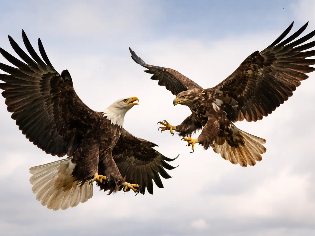An eagle in flight is being challenged by another raptor, both birds captured mid-air against the sky.