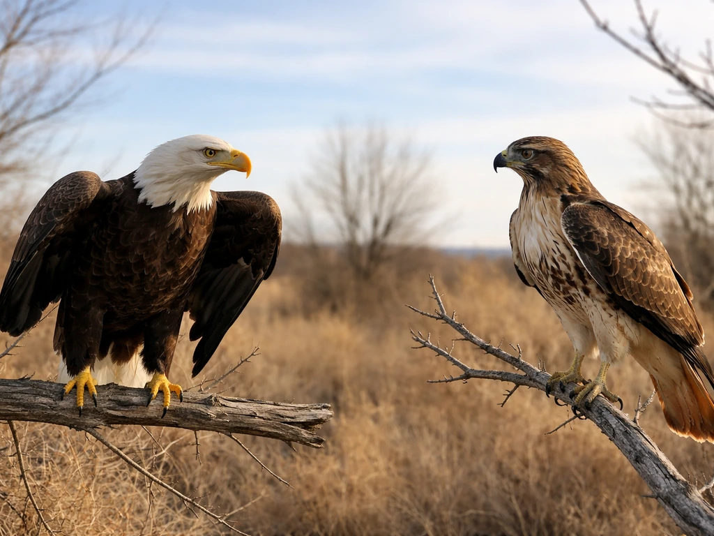 A bald eagle perched near a red-tailed hawk in open sky, both facing off in a tense moment.