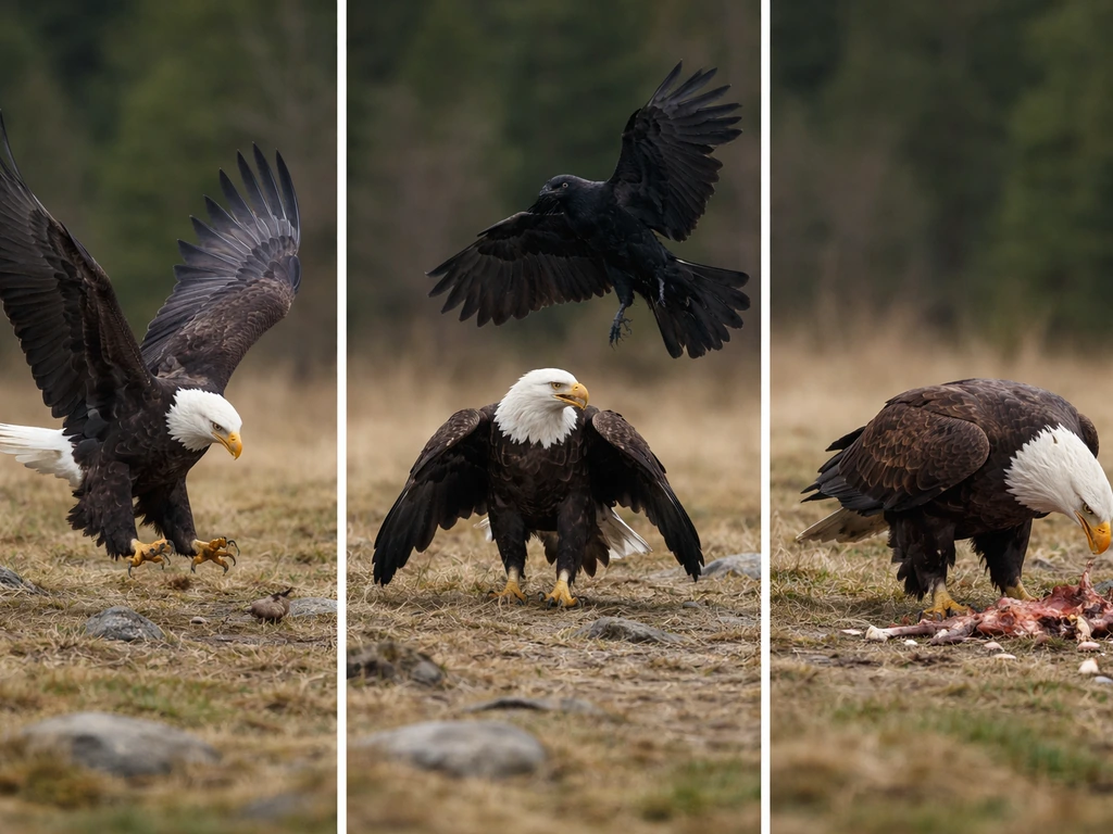 Three-panel photo-collage showing an eagle: predation attempt, chased displacement, and opportunistic feeding.