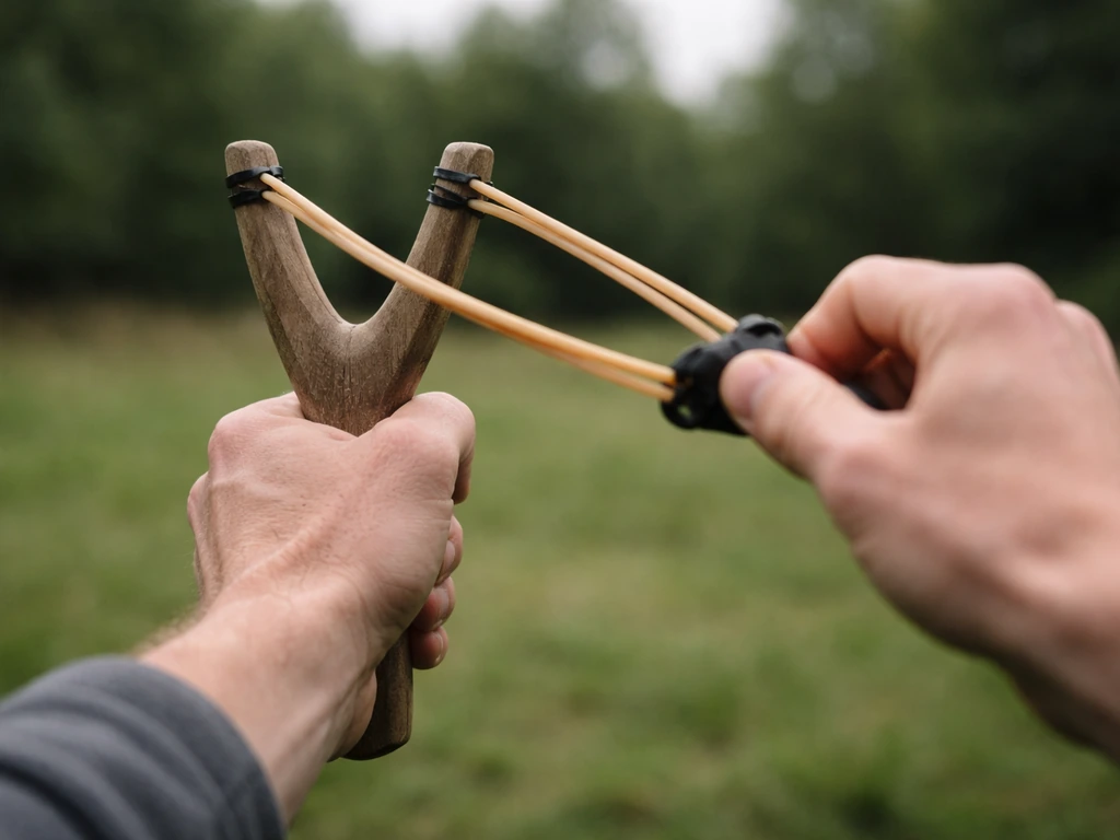 Close-up of a slingshot outdoors, aimed at an unseen target with caution-focused mood, no bird shown.
