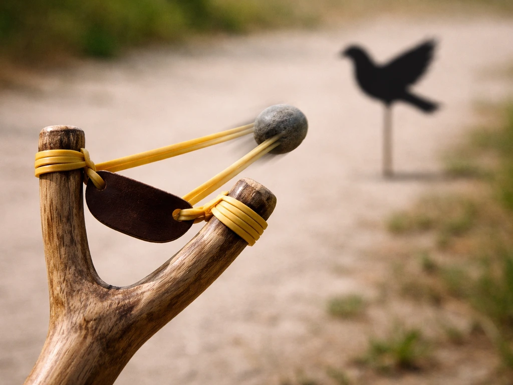 Slingshot releasing a rubber ball projectile toward a bird silhouette target, close-up action scene