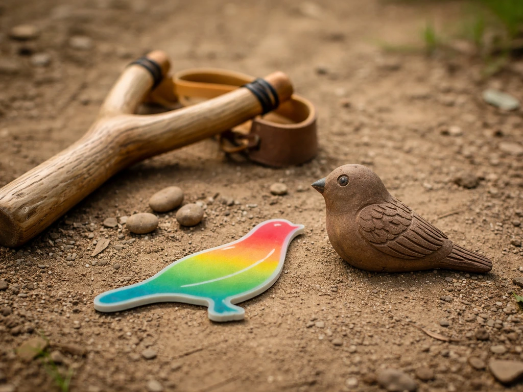 A slingshot on dirt beside a small bird-shaped target with three placement zones represented by stickers.