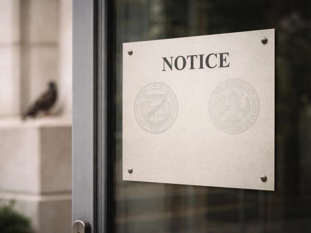Close-up of an official U.S. Fish and Wildlife Service notice sign on a building door, with birds in soft background