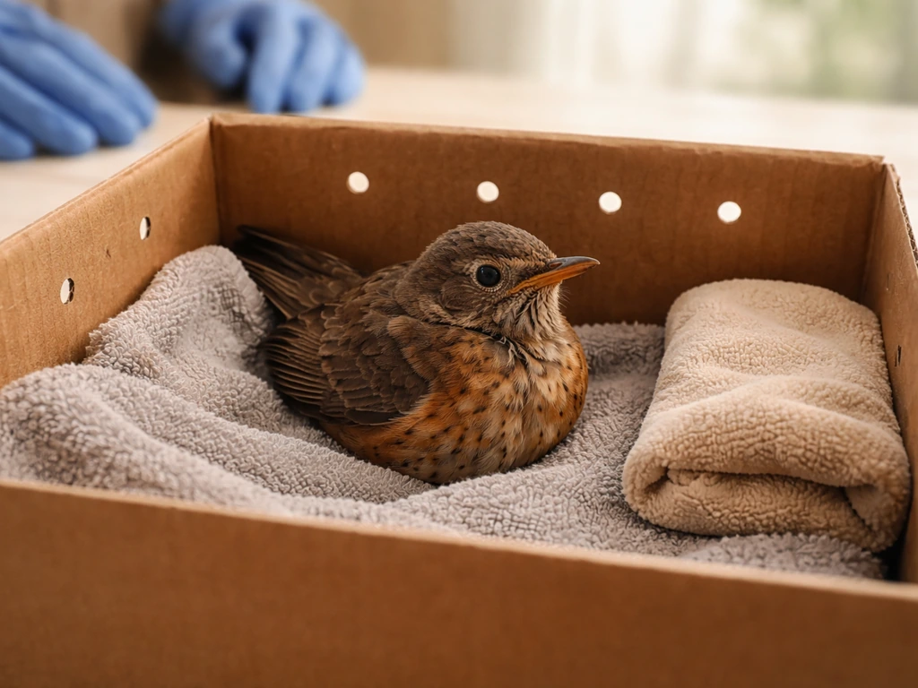 Injured wild bird resting calmly in a ventilated cardboard box lined with a towel in warm light.