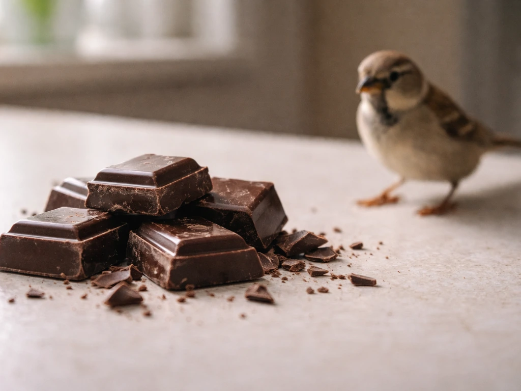 Close-up of chocolate pieces on a countertop with a small bird nearby, suggesting chocolate toxicity risk.