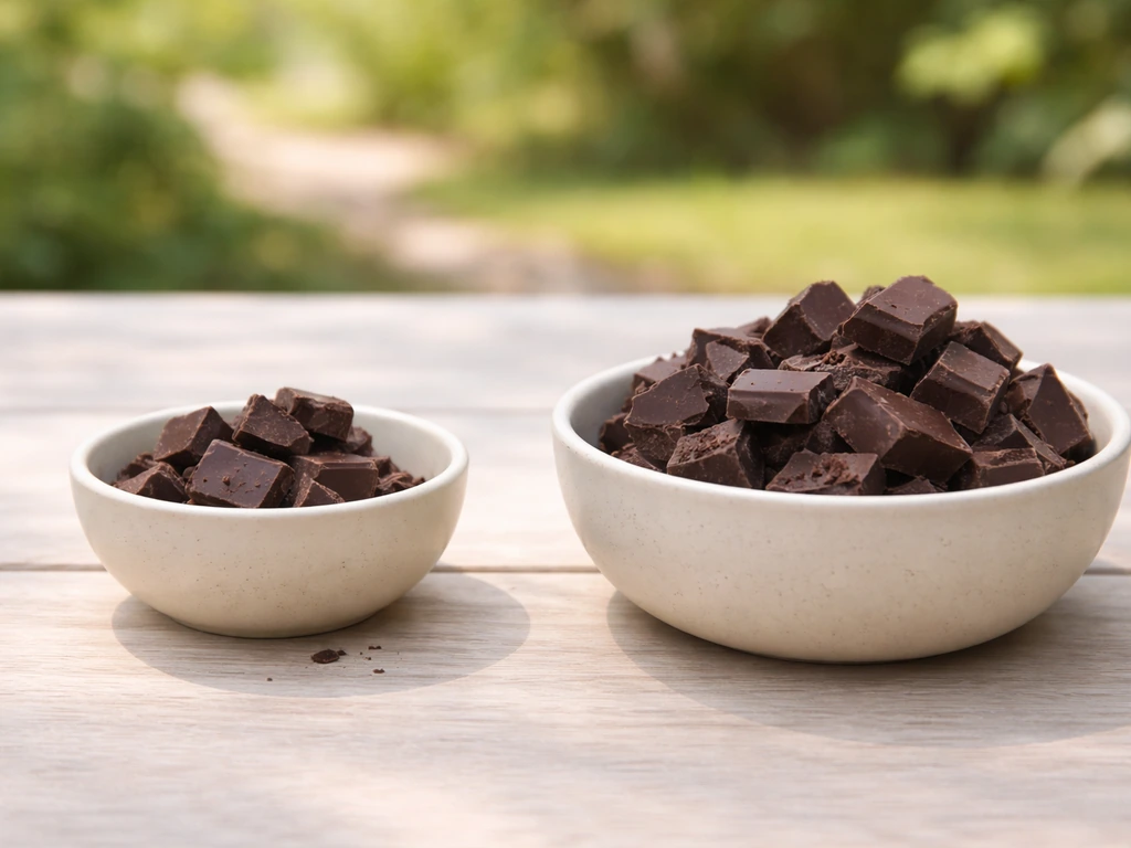 Two empty bowls with different amounts of chocolate pieces outdoors, sized for small and large birds.
